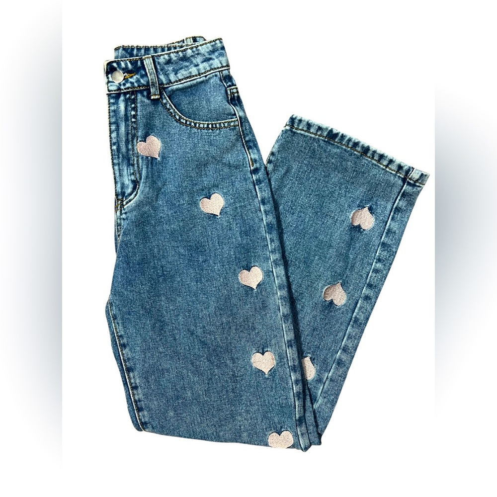 High Waisted Wide Leg Heart Detail Denim Jeans Size XS